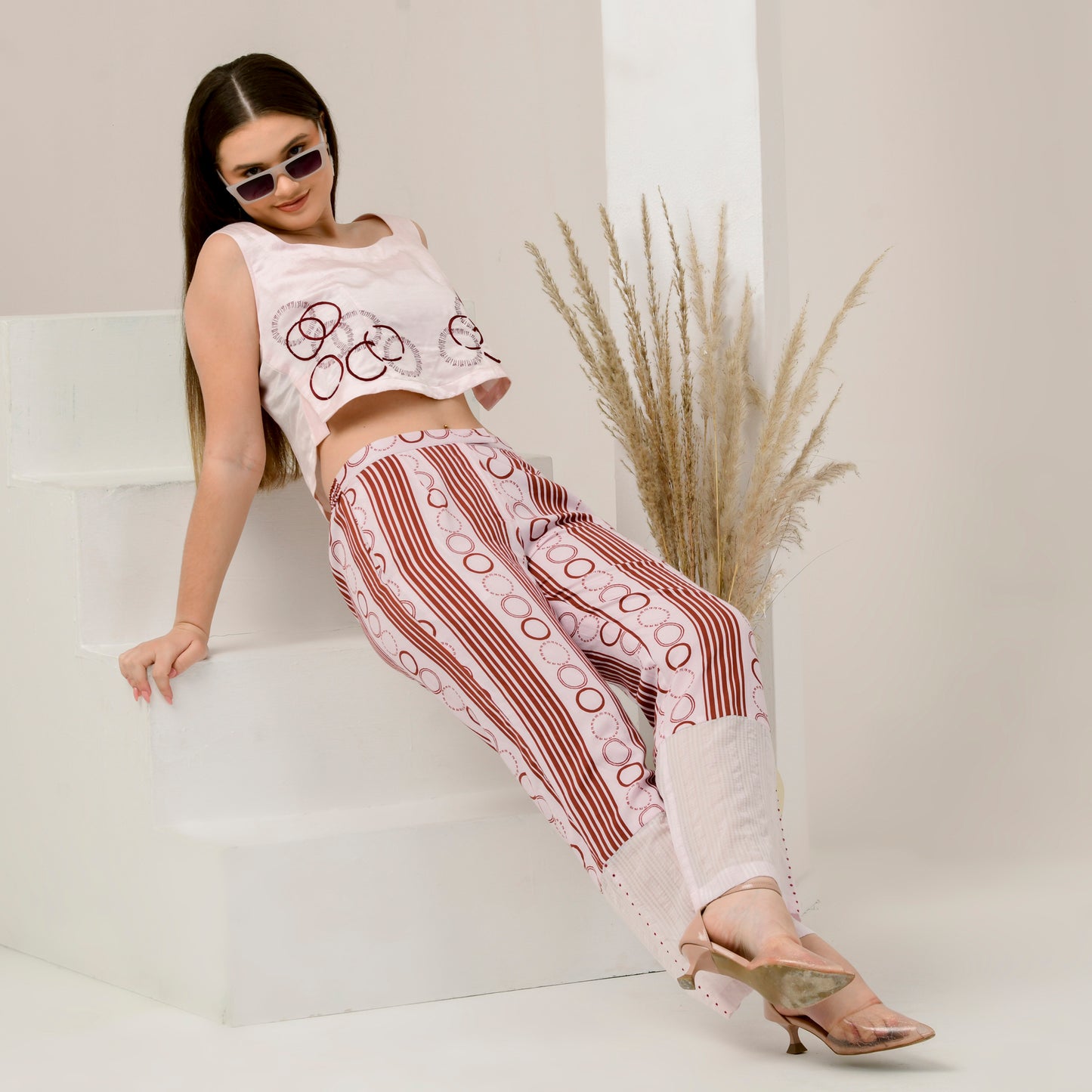 Pink and Red Powerful Stripe Print Embellished Straight Trouser