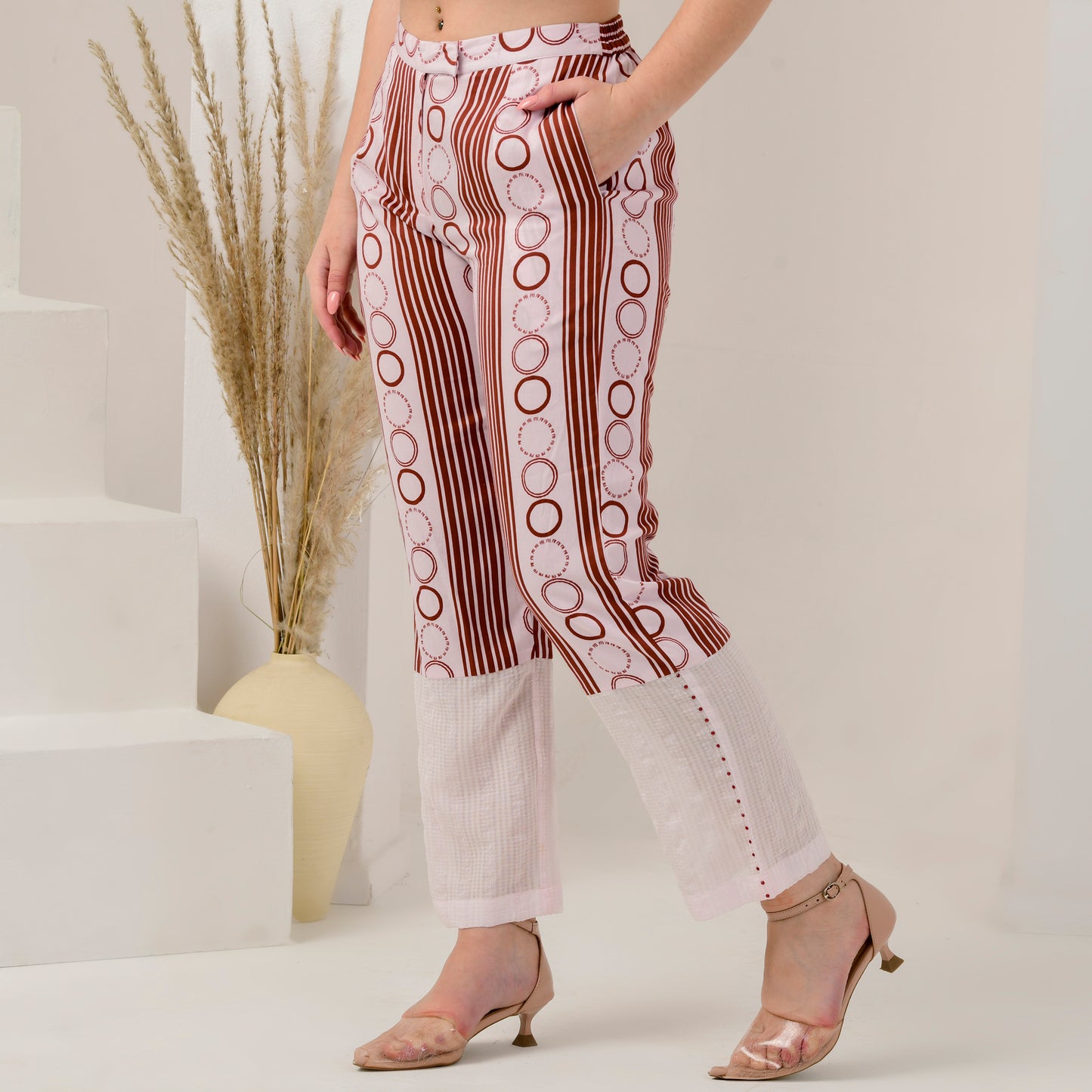 Pink and Red Powerful Stripe Print Embellished Straight Trouser