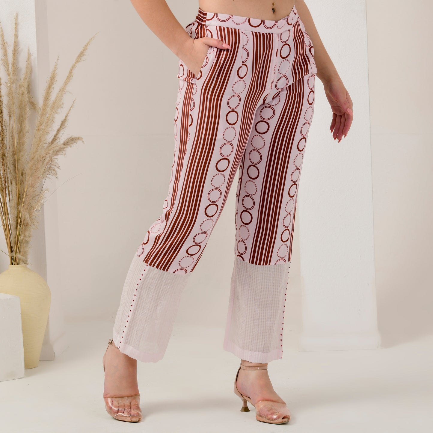 Pink and Red Powerful Stripe Print Embellished Straight Trouser