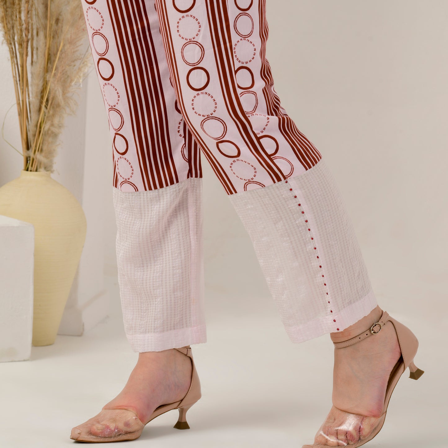 Pink and Red Powerful Stripe Print Embellished Straight Trouser