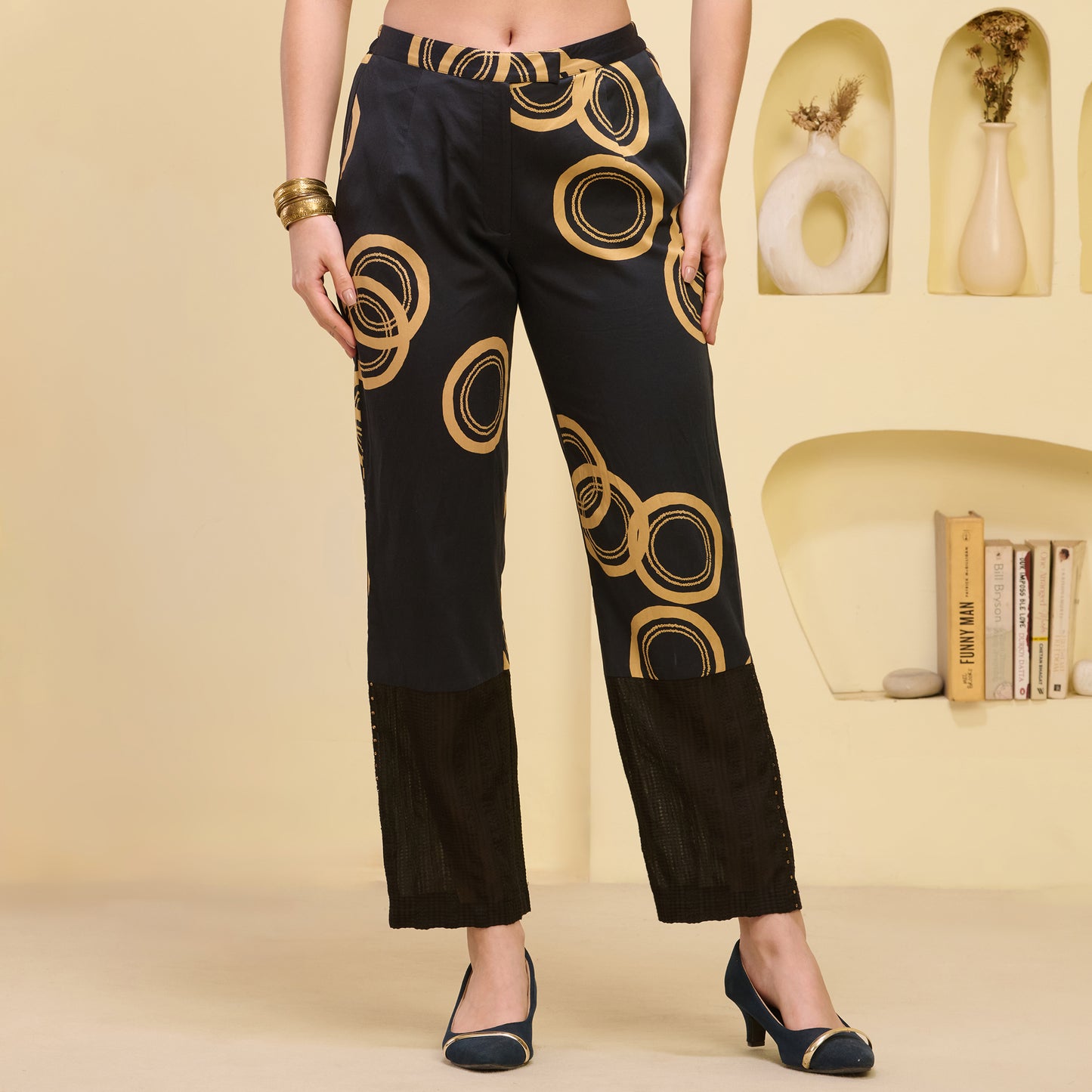 Black and Golden Powerful Print Embellished Straight Trouser