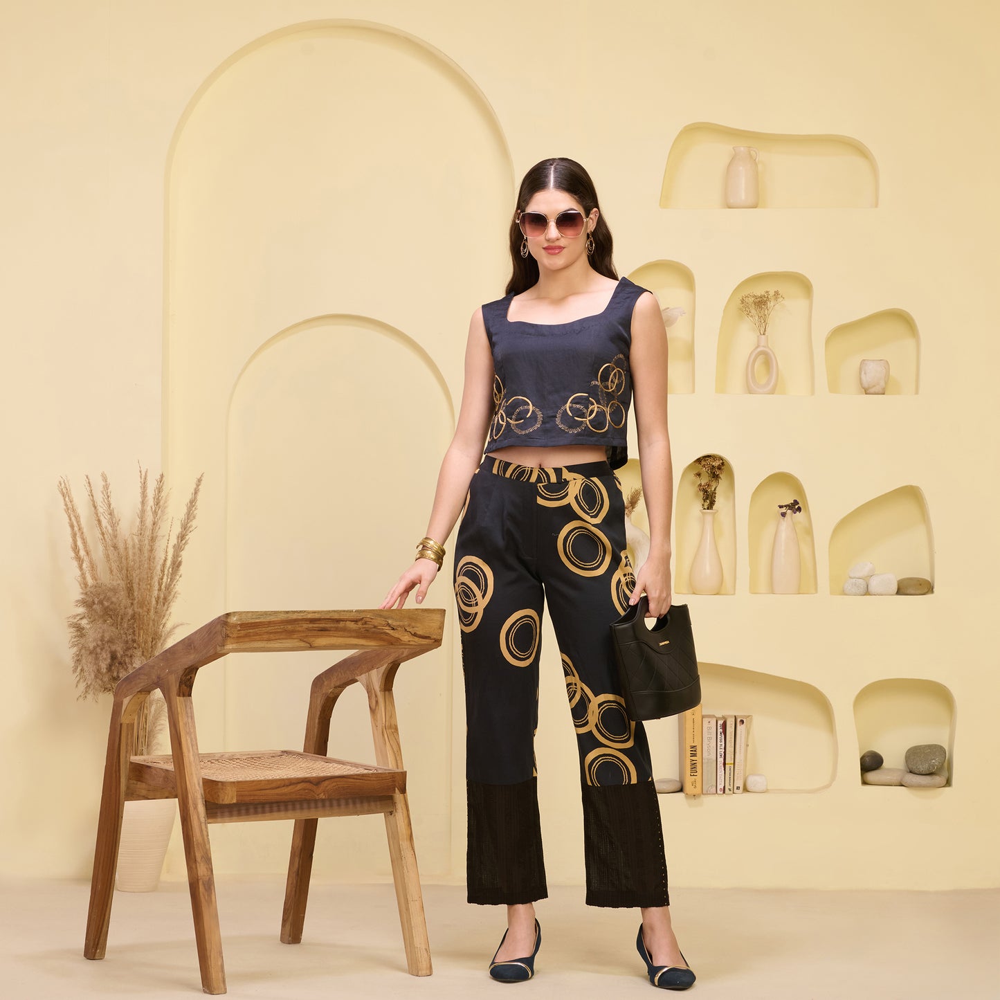 Black and Golden Powerful Print Embellished Straight Trouser