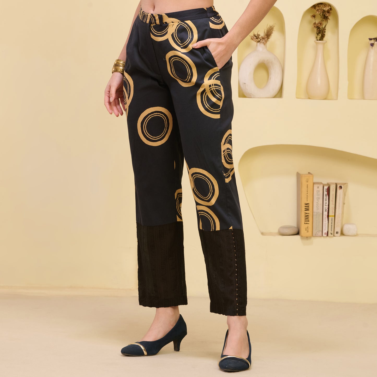 Black and Golden Powerful Print Embellished Straight Trouser