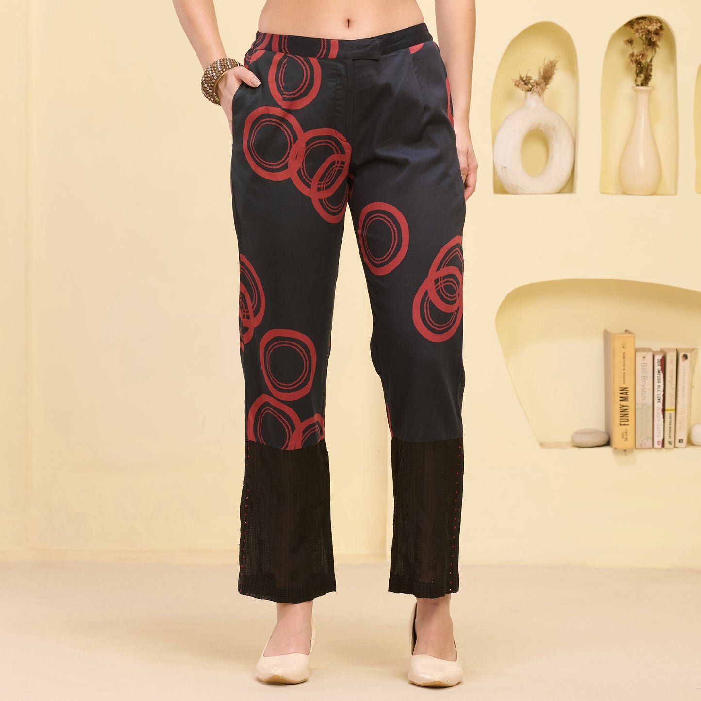 Black and Red Powerful Print Embellished Straight Trouser