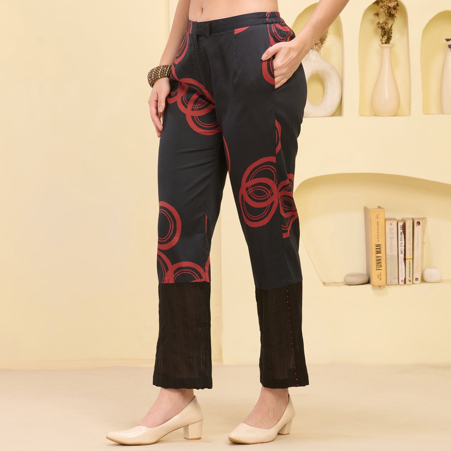 Black and Red Powerful Print Embellished Straight Trouser