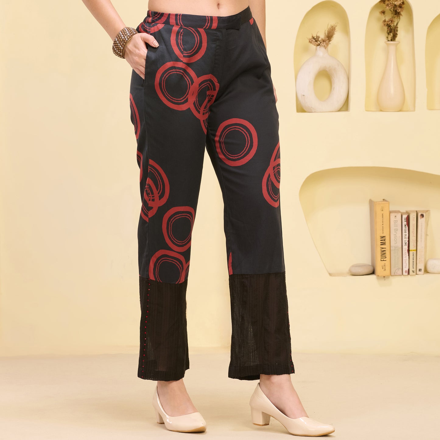 Black and Red Powerful Print Embellished Straight Trouser