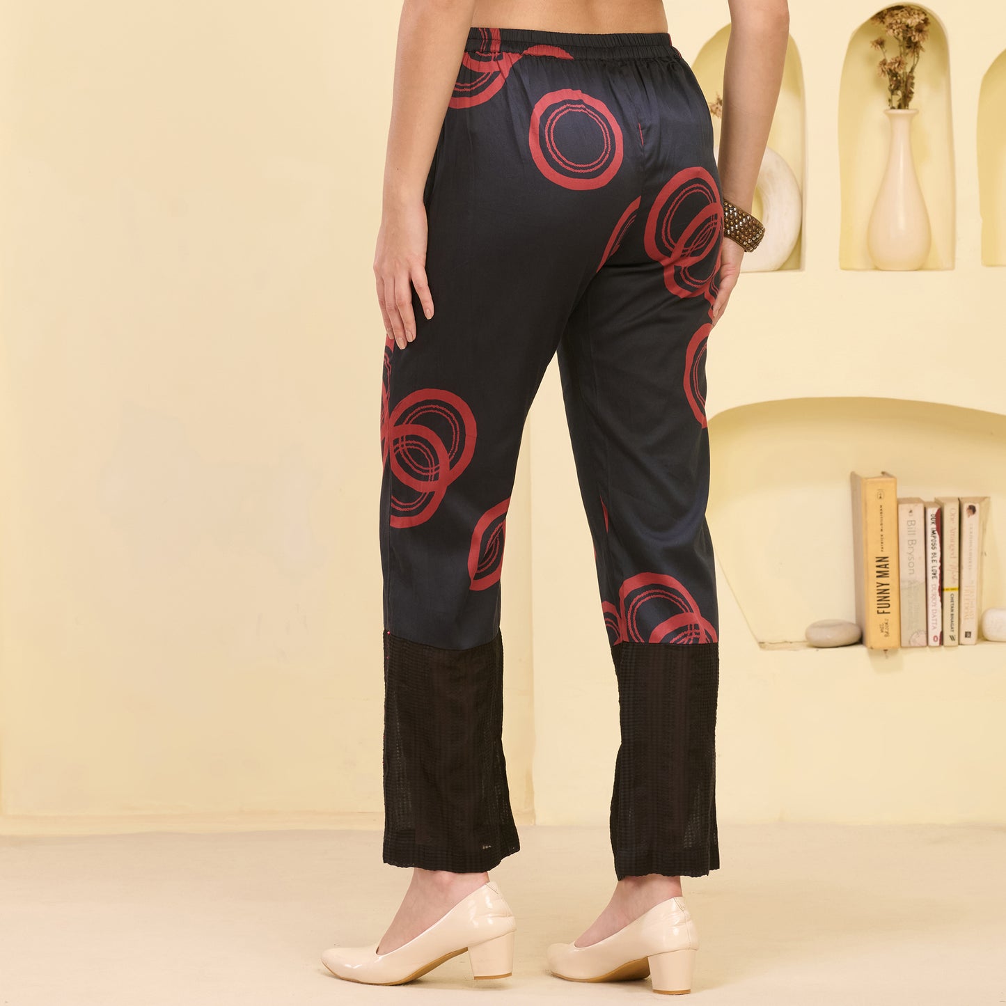 Black and Red Powerful Print Embellished Straight Trouser