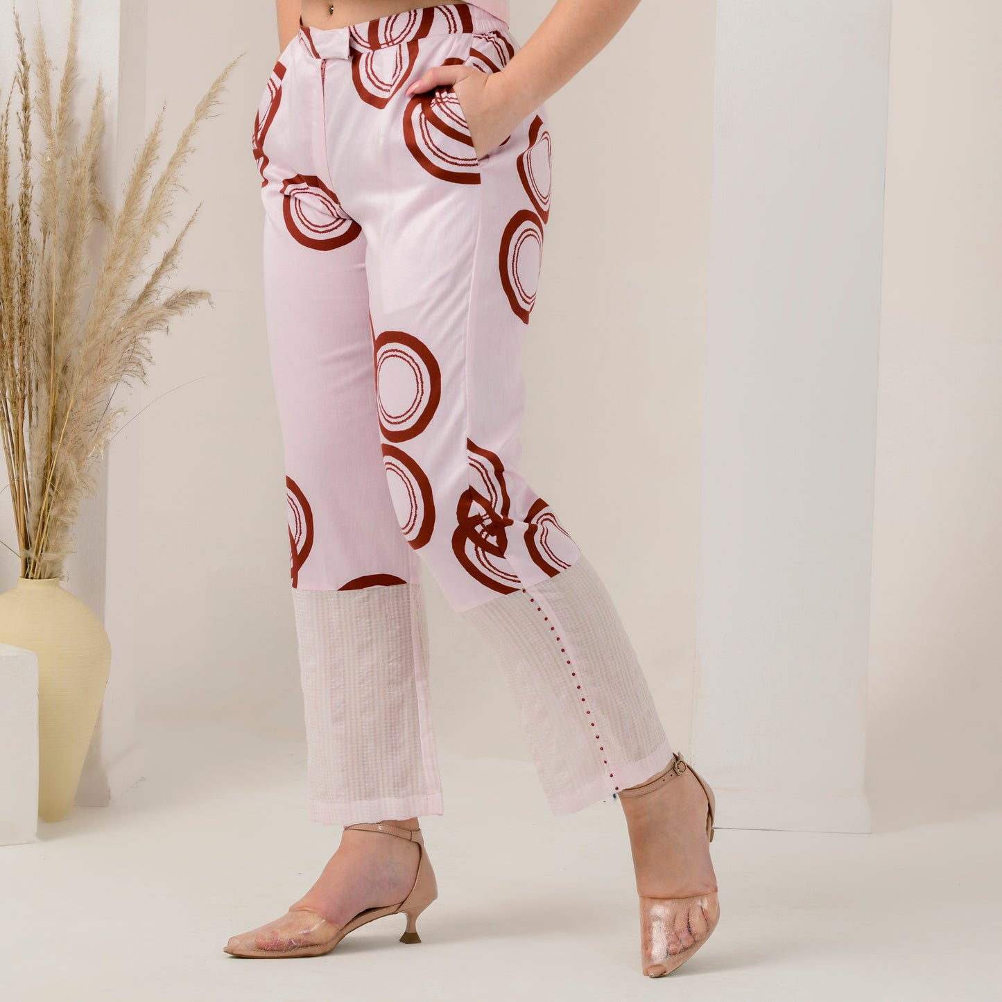 Pink and Red Powerful Print Embellished Straight Trouser