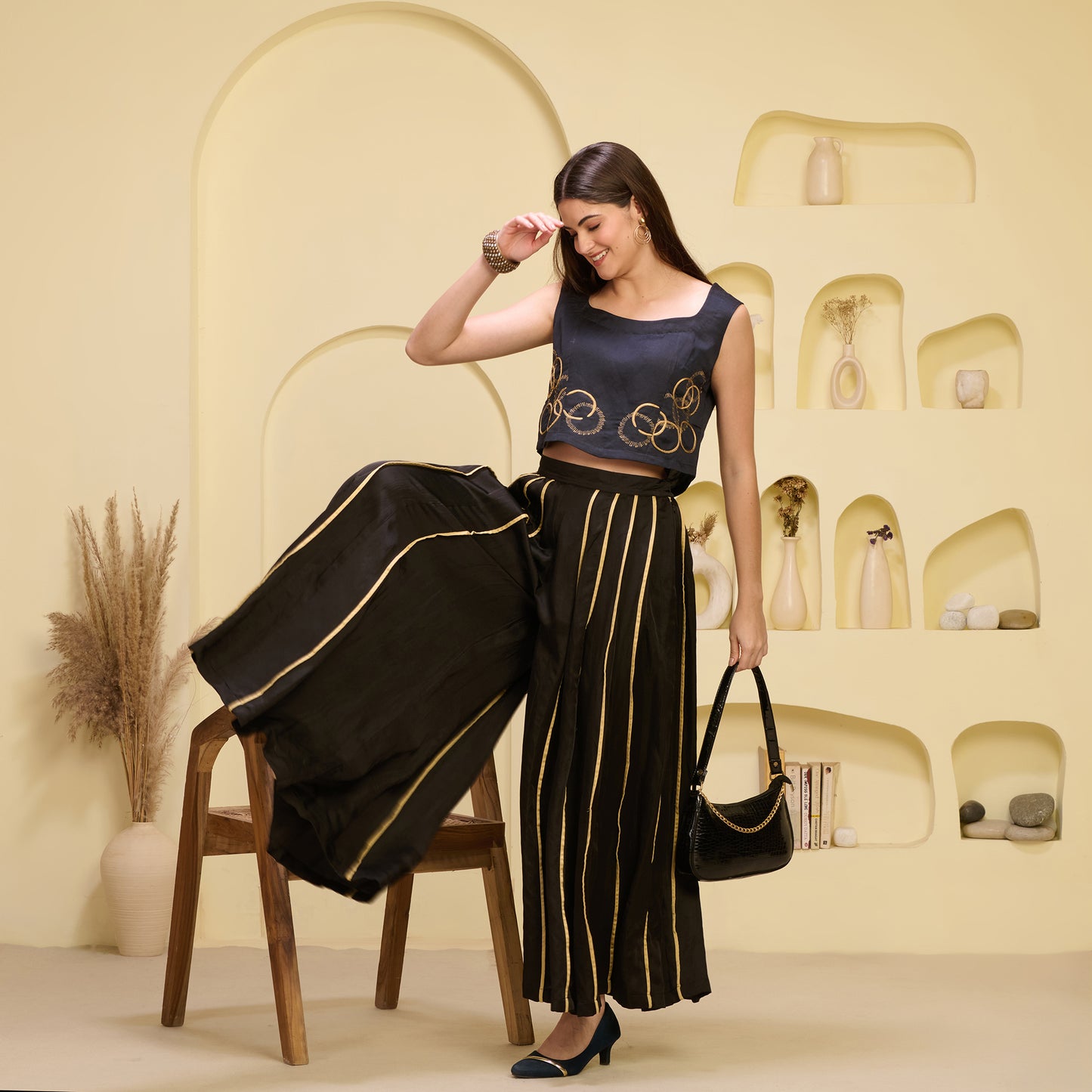 Black and Golden Pleated Palazzo