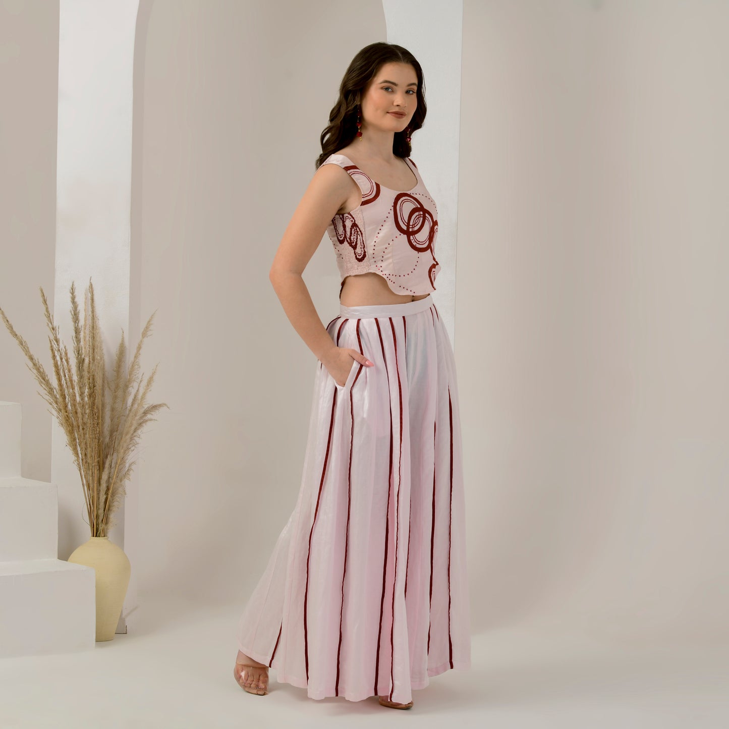 Pink and Red Wide Leg Pleated Palazzo