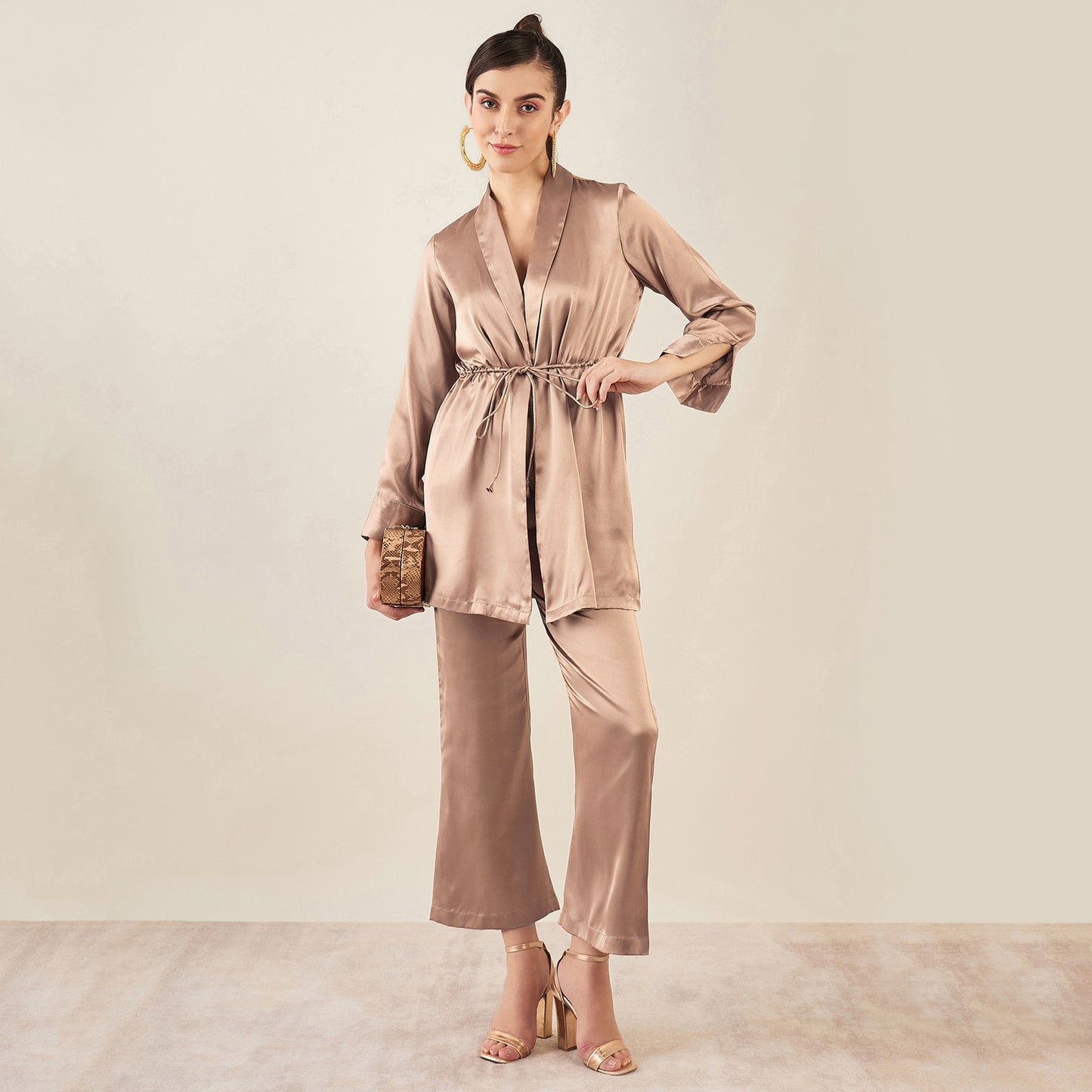 Hazel Brown Semi-Formal Embellished Satin Tunic and Bell Bottom Pants Set