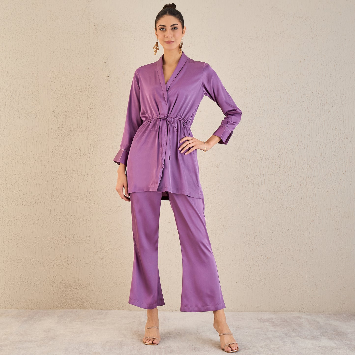 Lilac Semi-Formal Embellished Satin Tunic and Bell Bottom Pants Set