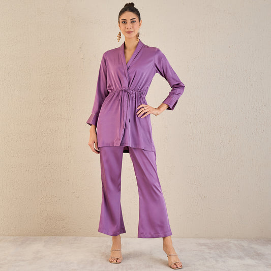 Lilac Semi-Formal Embellished Satin Tunic and Bell Bottom Pants Set