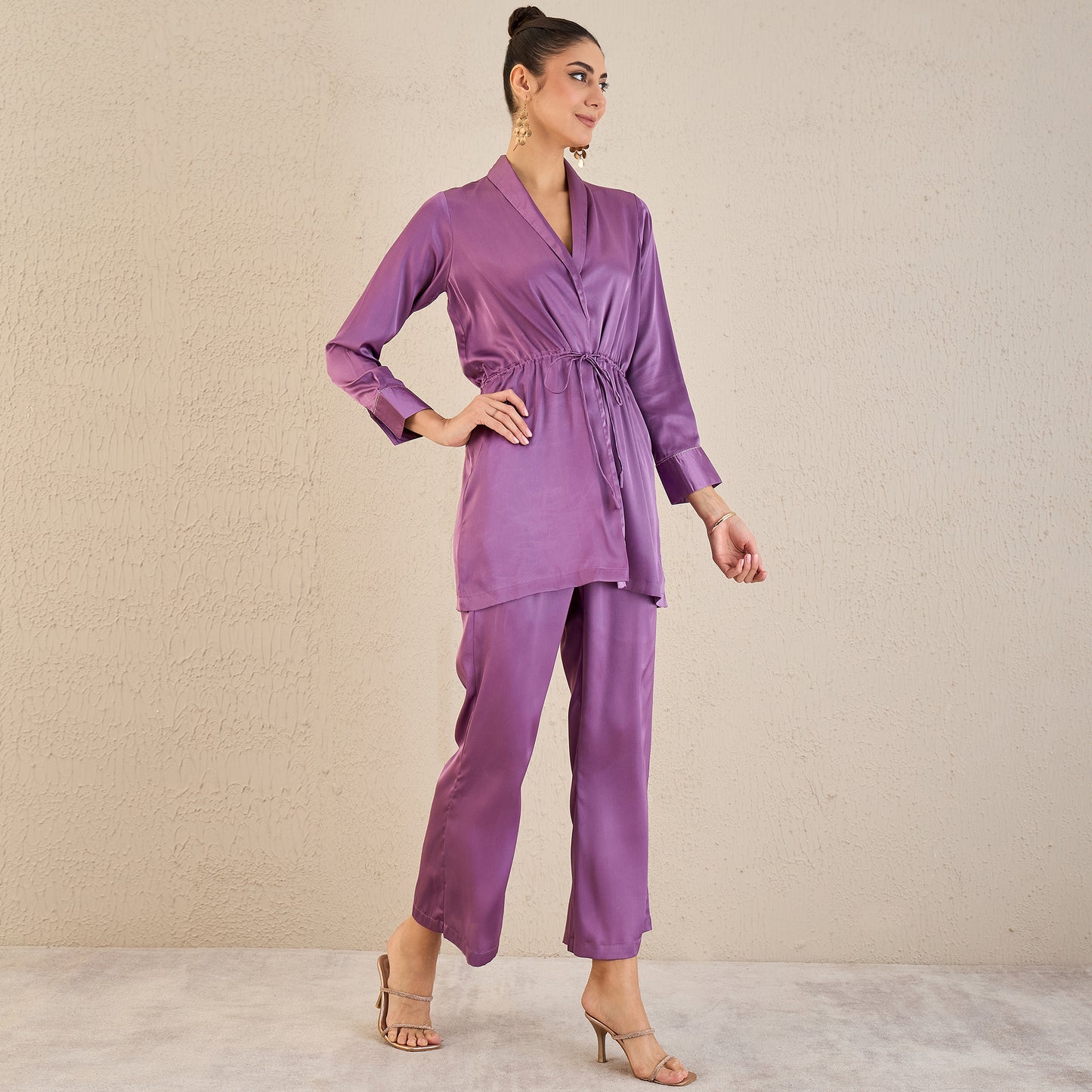 Lilac Semi-Formal Embellished Satin Tunic and Bell Bottom Pants Set