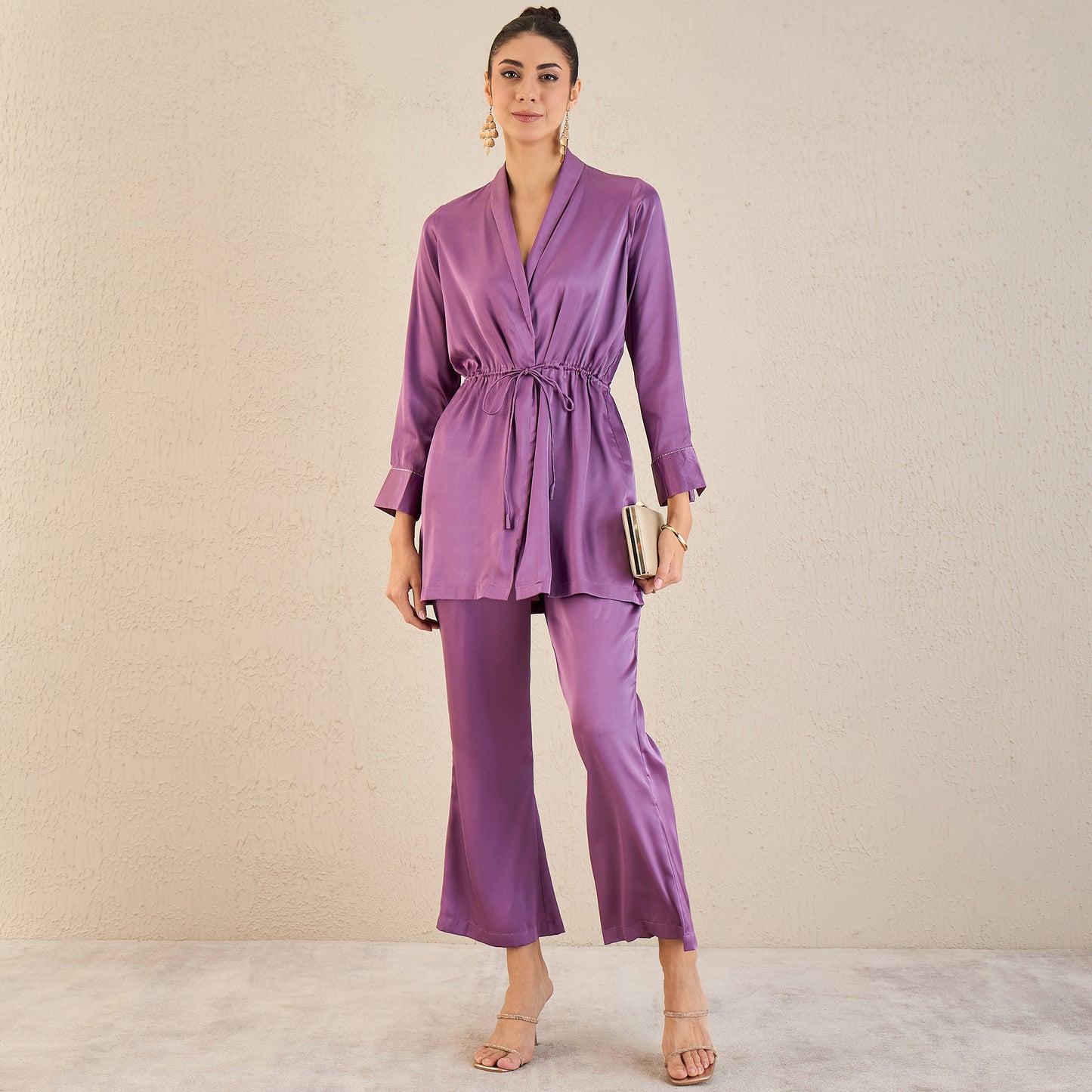 Lilac Semi-Formal Embellished Satin Tunic and Bell Bottom Pants Set