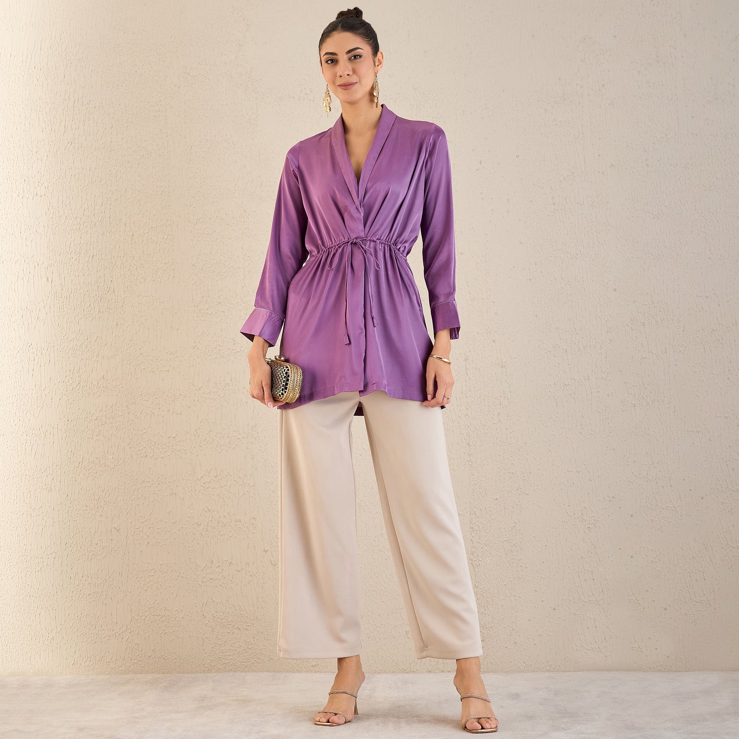 Lilac Semi-Formal Embellished Satin Tunic and Bell Bottom Pants Set