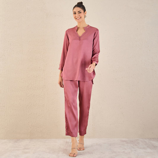 Old Rose Embellished Satin Top with Straight Pants