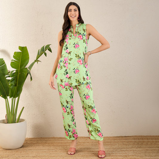 Mint Green and Pink Garden Print Sleeveless Co-ordinate Set