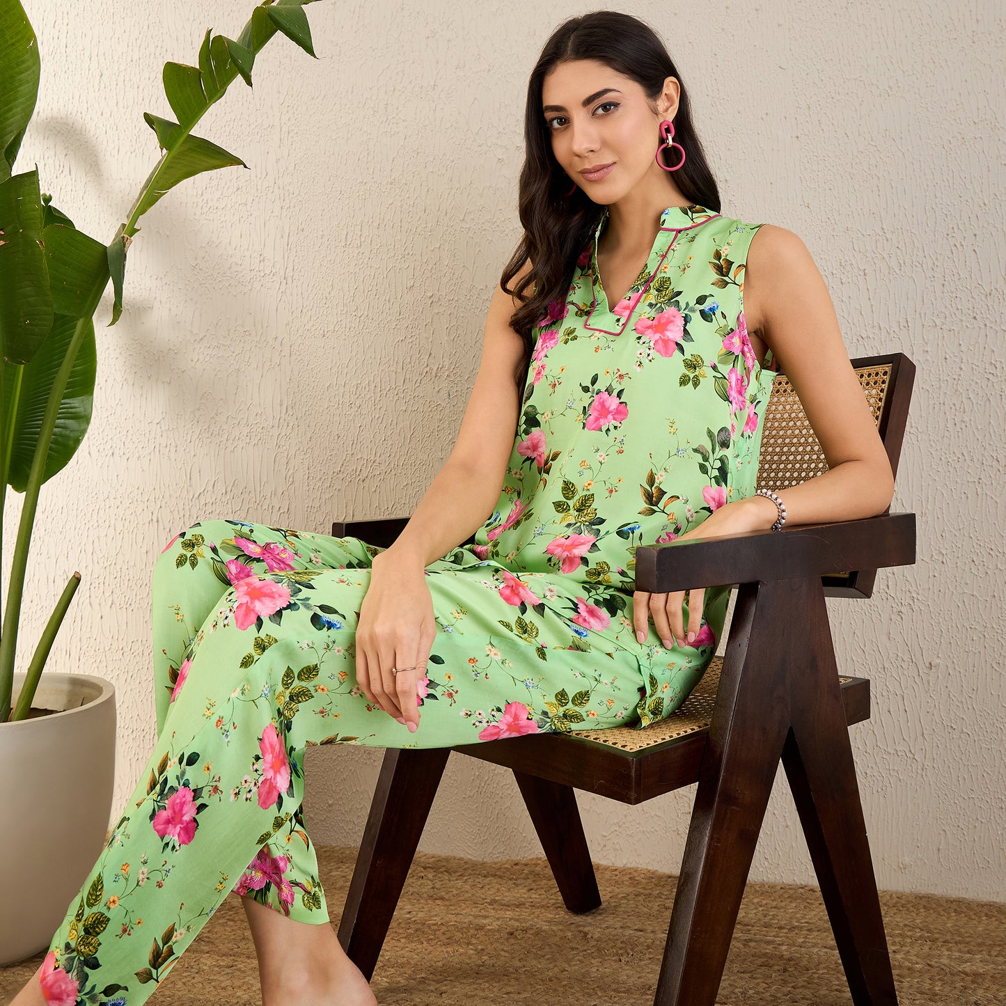 Mint Green and Pink Garden Print Sleeveless Co-ordinate Set