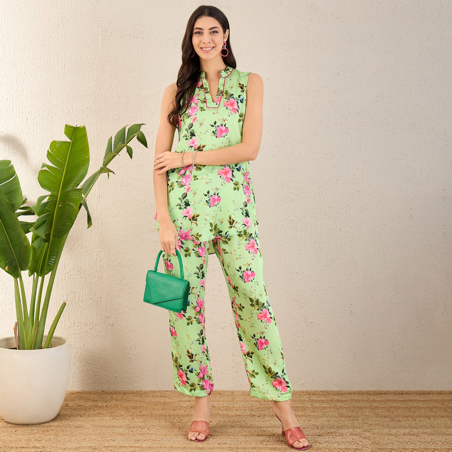 Mint Green and Pink Garden Print Sleeveless Co-ordinate Set