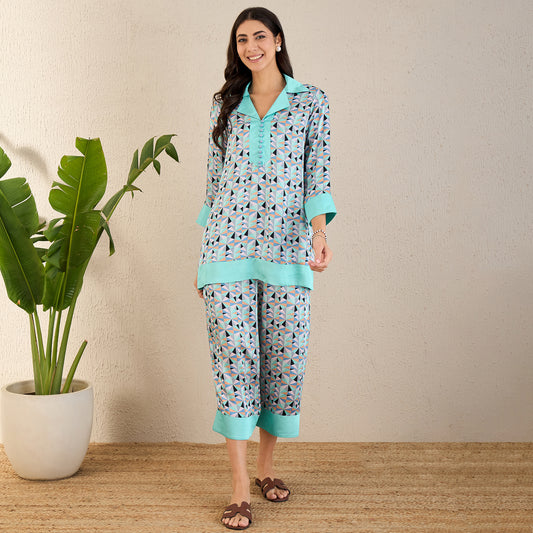 Aqua and Grey Geometric Print Co-ordinate Set