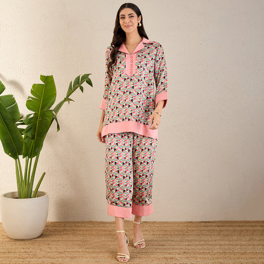 Rose Pink and Cyan Geometric Print Co-ordinate Set