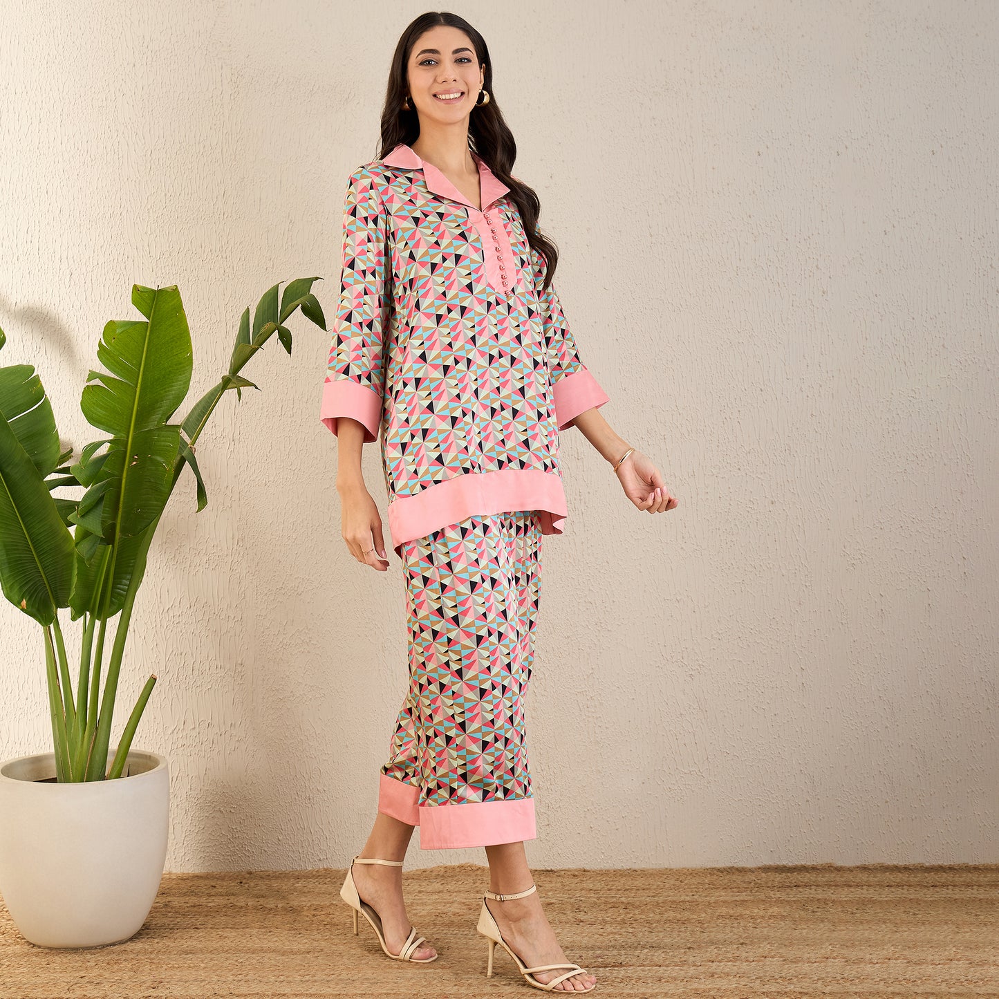 Rose Pink and Cyan Geometric Print Co-ordinate Set