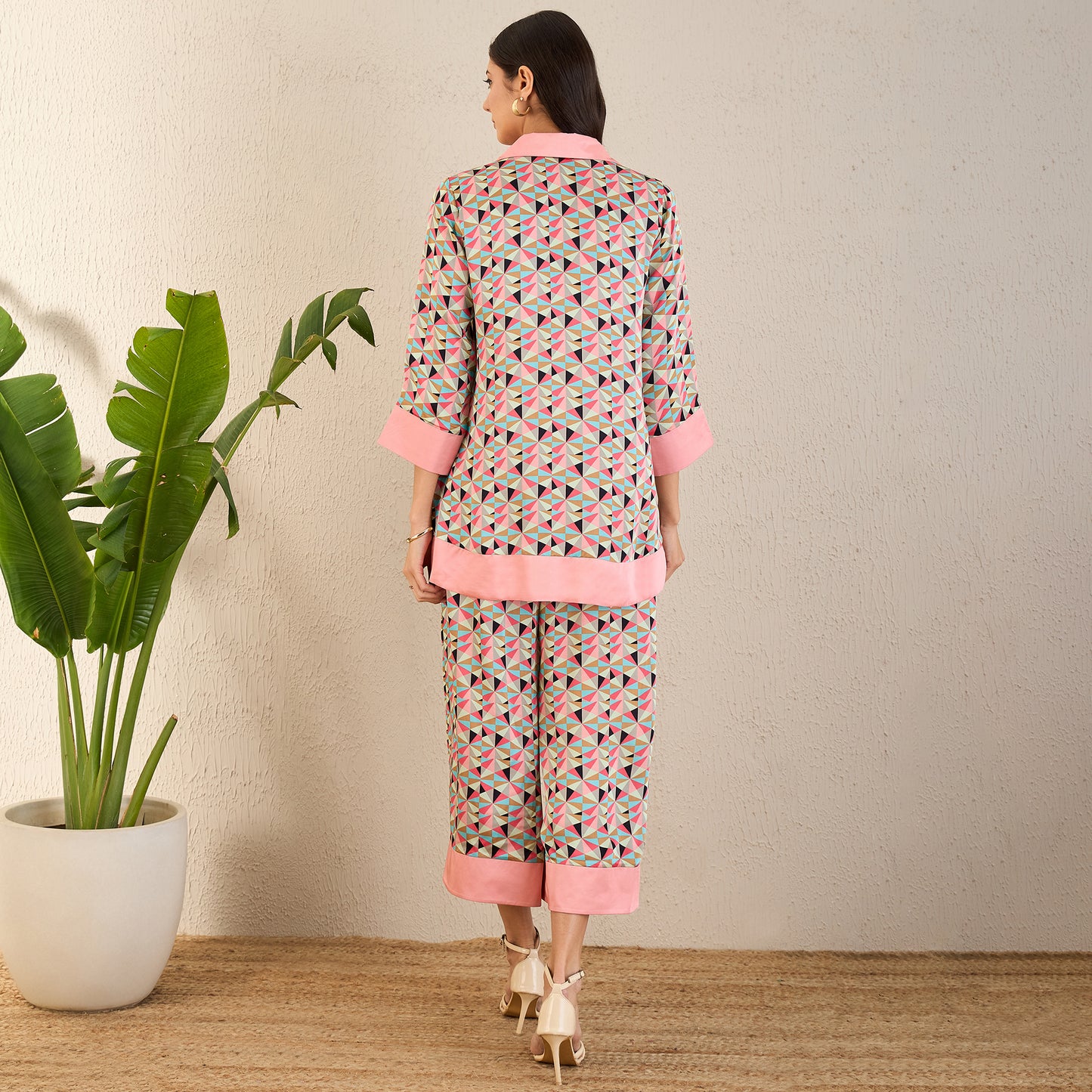 Rose Pink and Cyan Geometric Print Co-ordinate Set