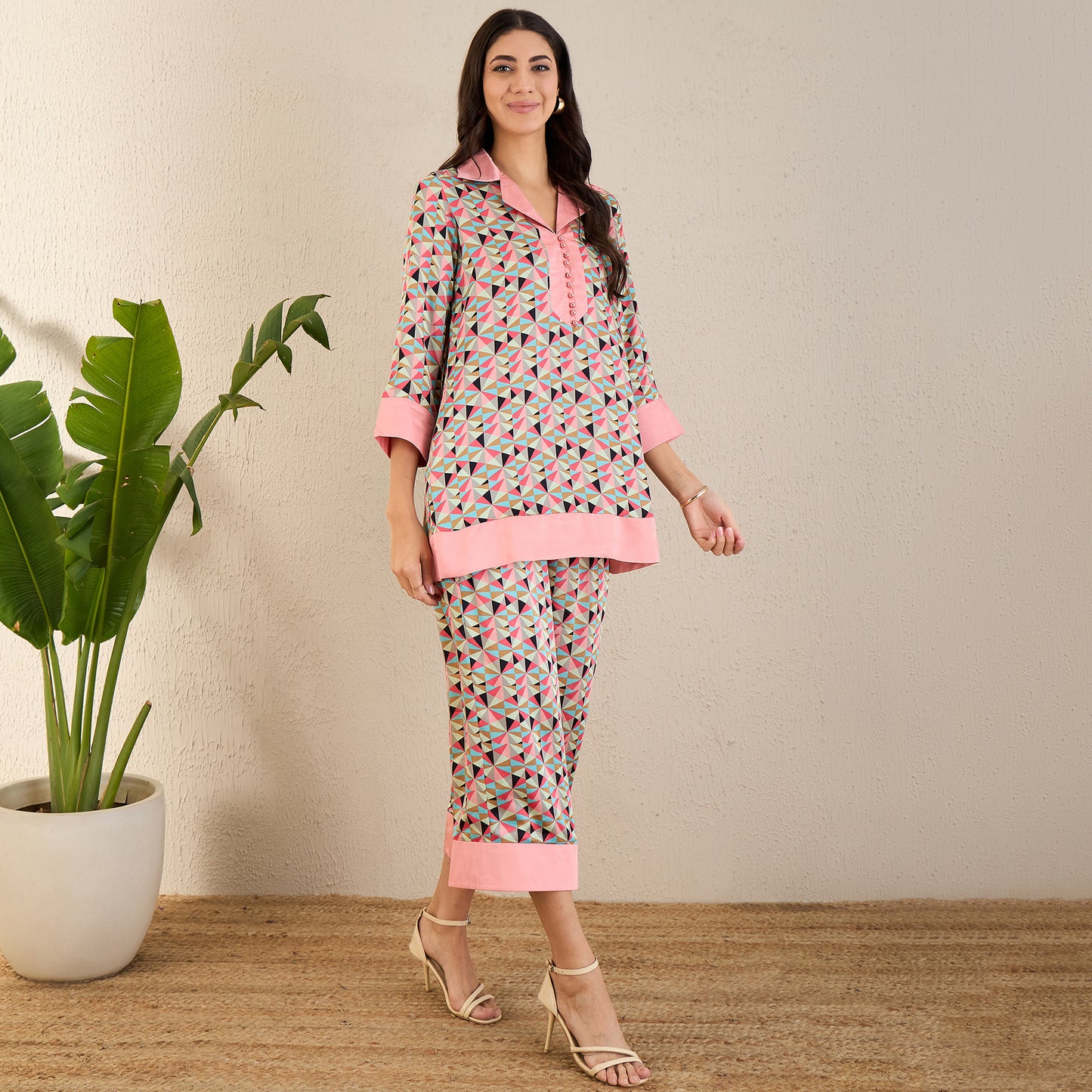 Rose Pink and Cyan Geometric Print Co-ordinate Set