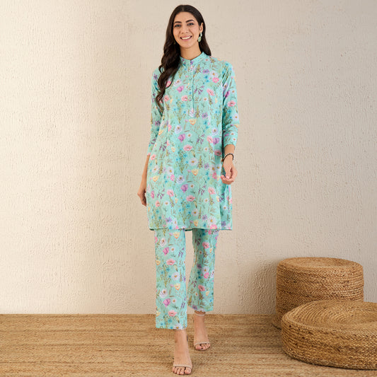 Aquamarine Floral Print Schiffli Co-ordinate Set