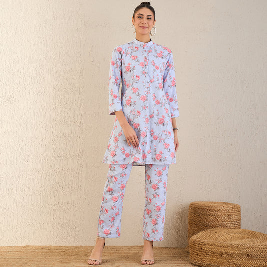 Ice Blue and Pink Floral Print Schiffli Co-ordinate Set