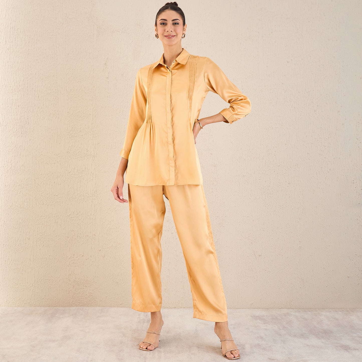 Golden Yellow Pintucked Satin Shirt and Straight Pants Set