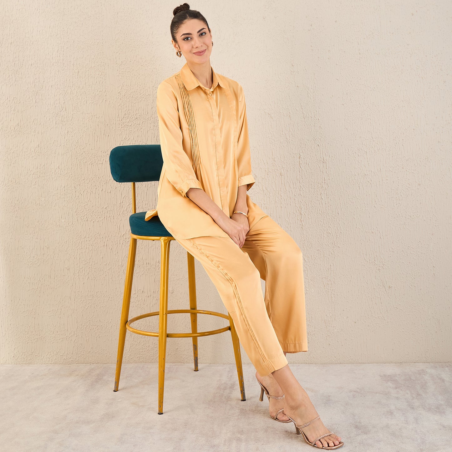 Golden Yellow Pintucked Satin Shirt and Straight Pants Set