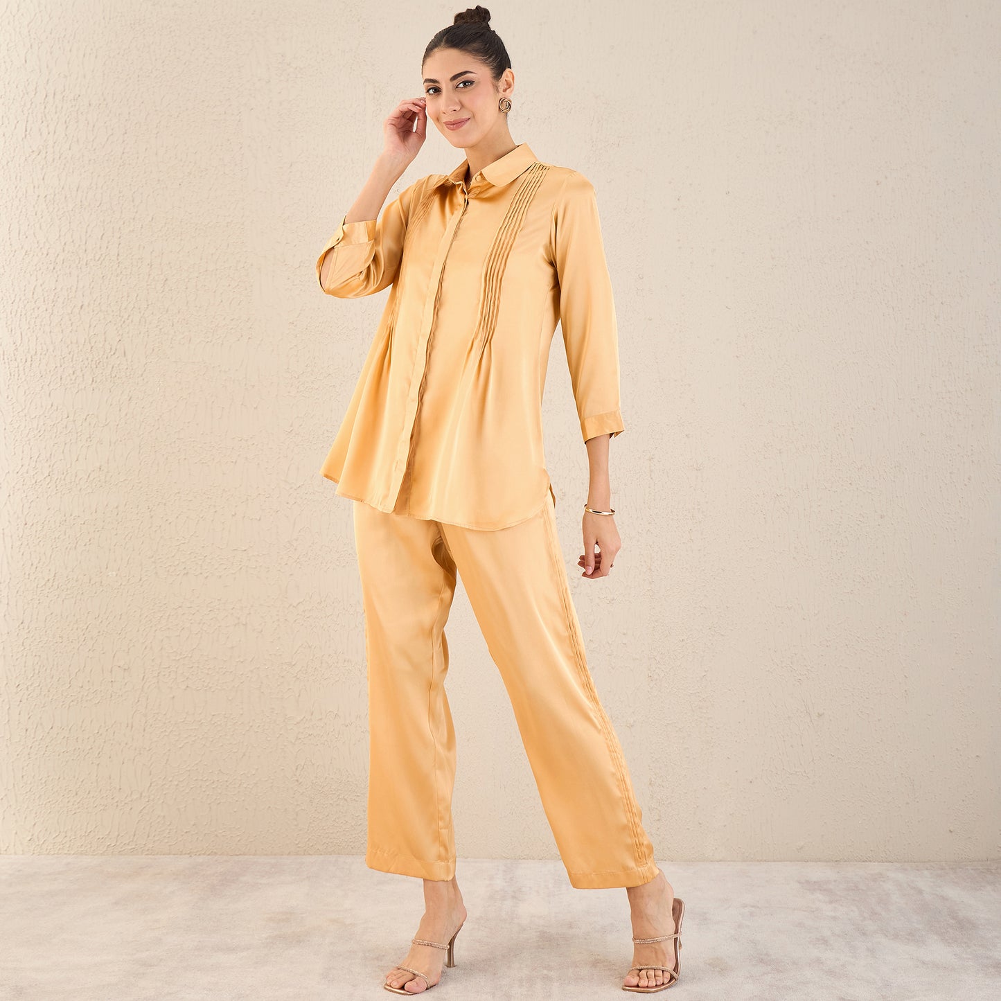 Golden Yellow Pintucked Satin Shirt and Straight Pants Set