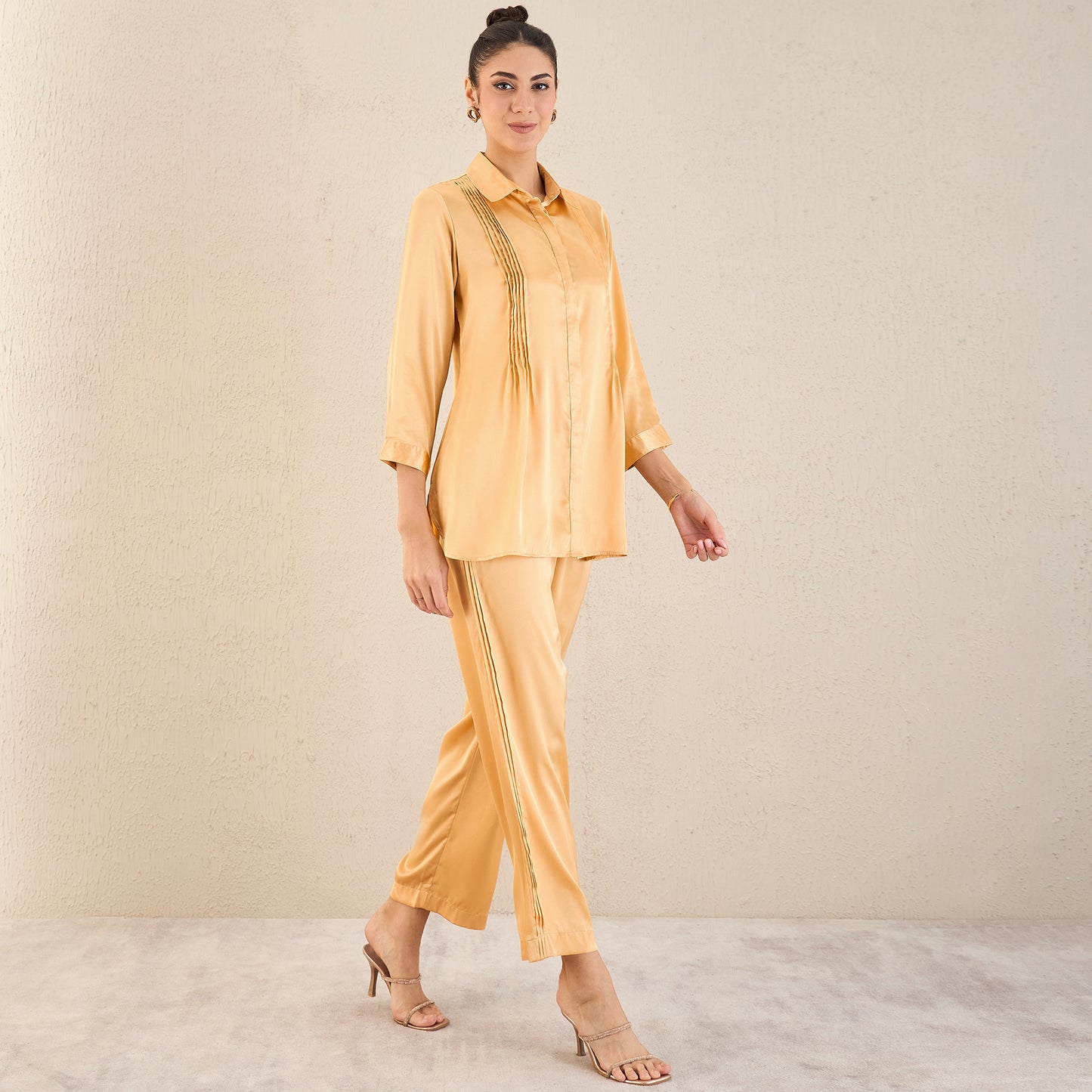 Golden Yellow Pintucked Satin Shirt and Straight Pants Set