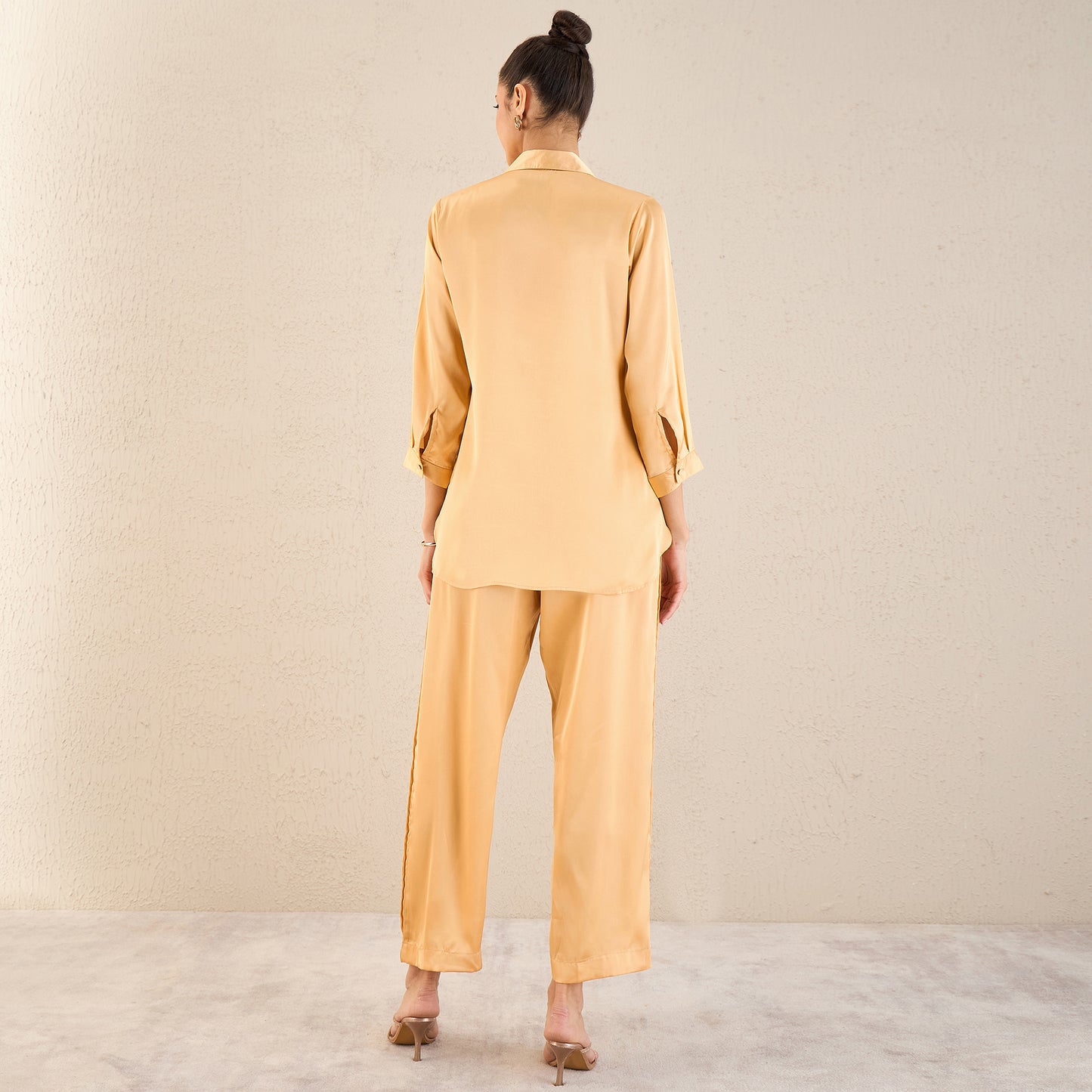 Golden Yellow Pintucked Satin Shirt and Straight Pants Set