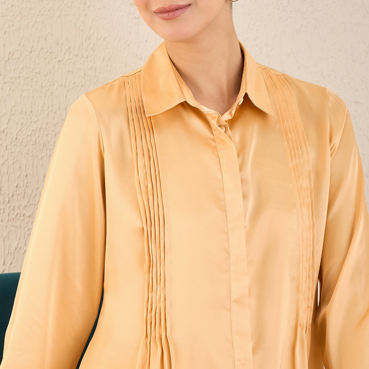 Golden Yellow Pintucked Satin Shirt and Straight Pants Set