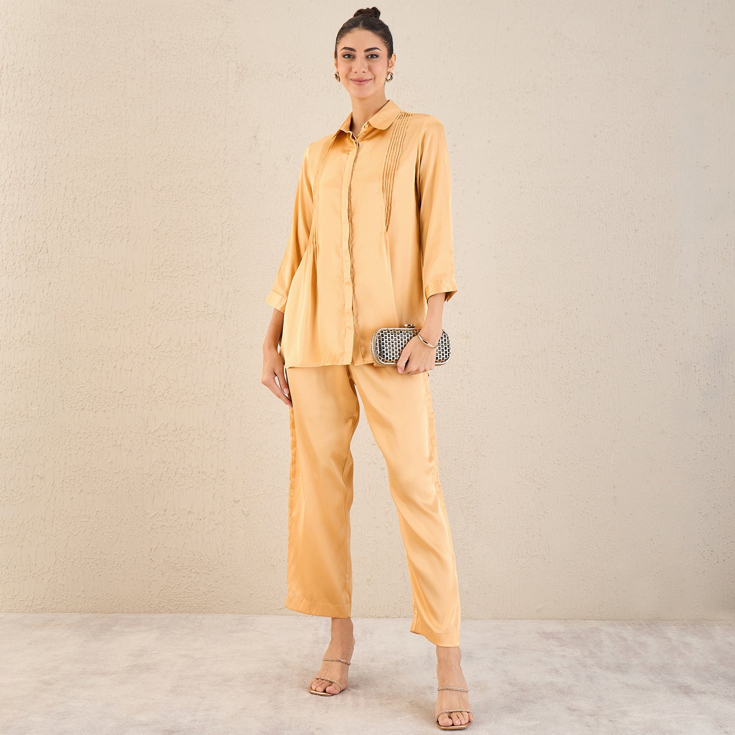 Golden Yellow Pintucked Satin Shirt and Straight Pants Set