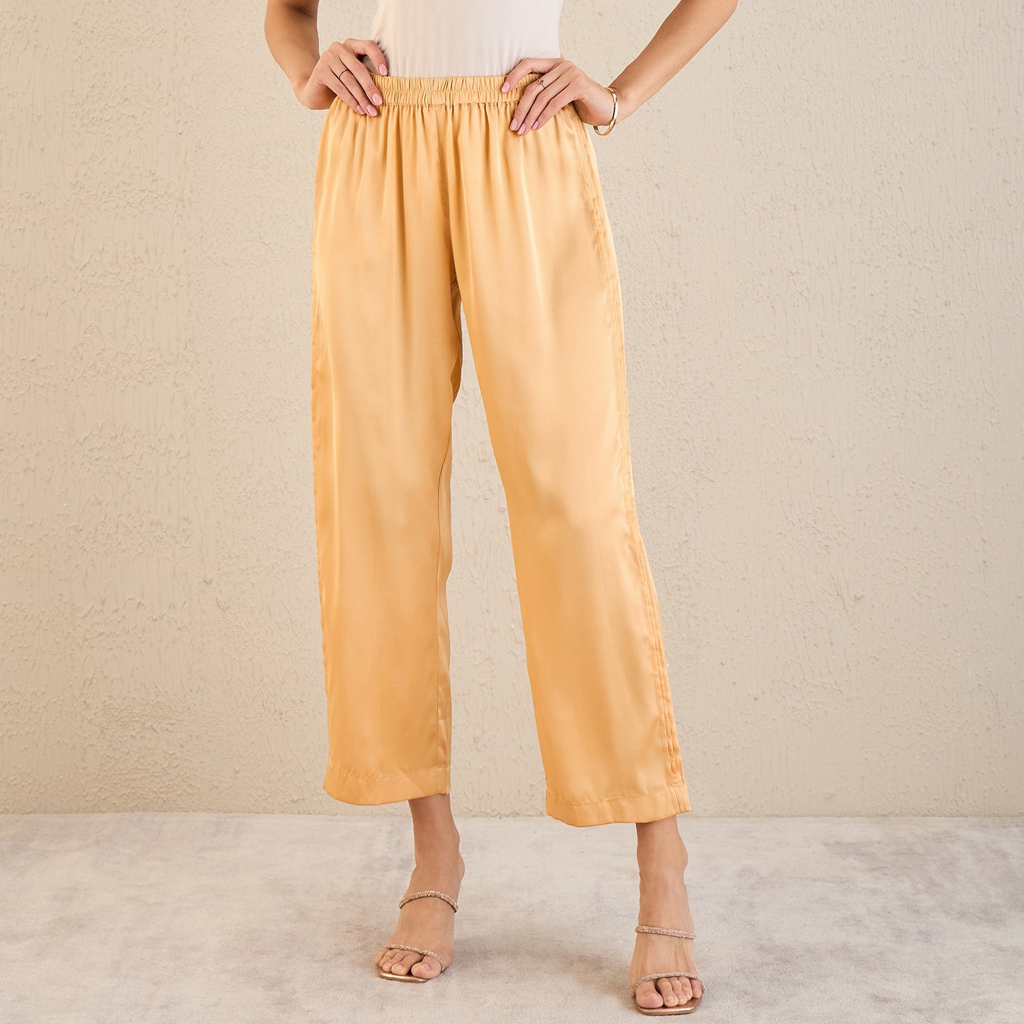 Golden Yellow Pintucked Satin Shirt and Straight Pants Set