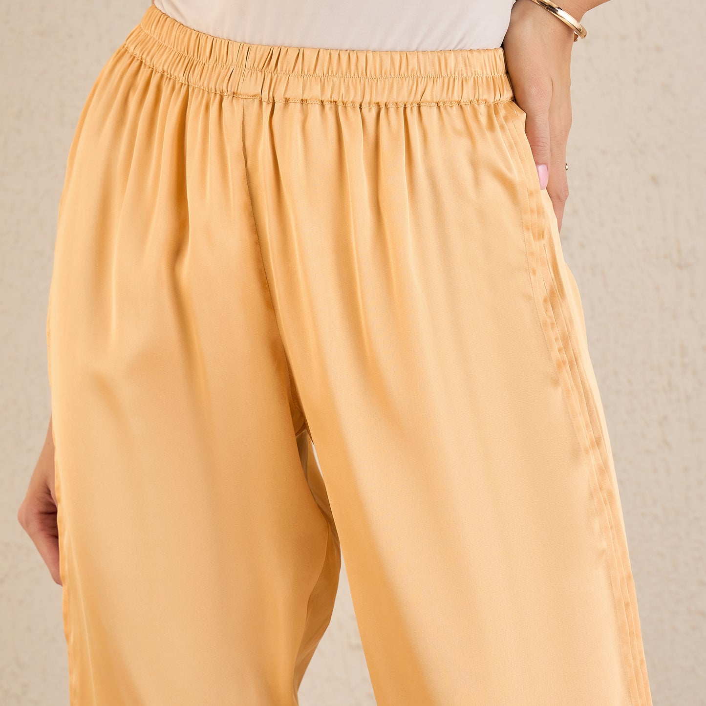 Golden Yellow Pintucked Satin Shirt and Straight Pants Set