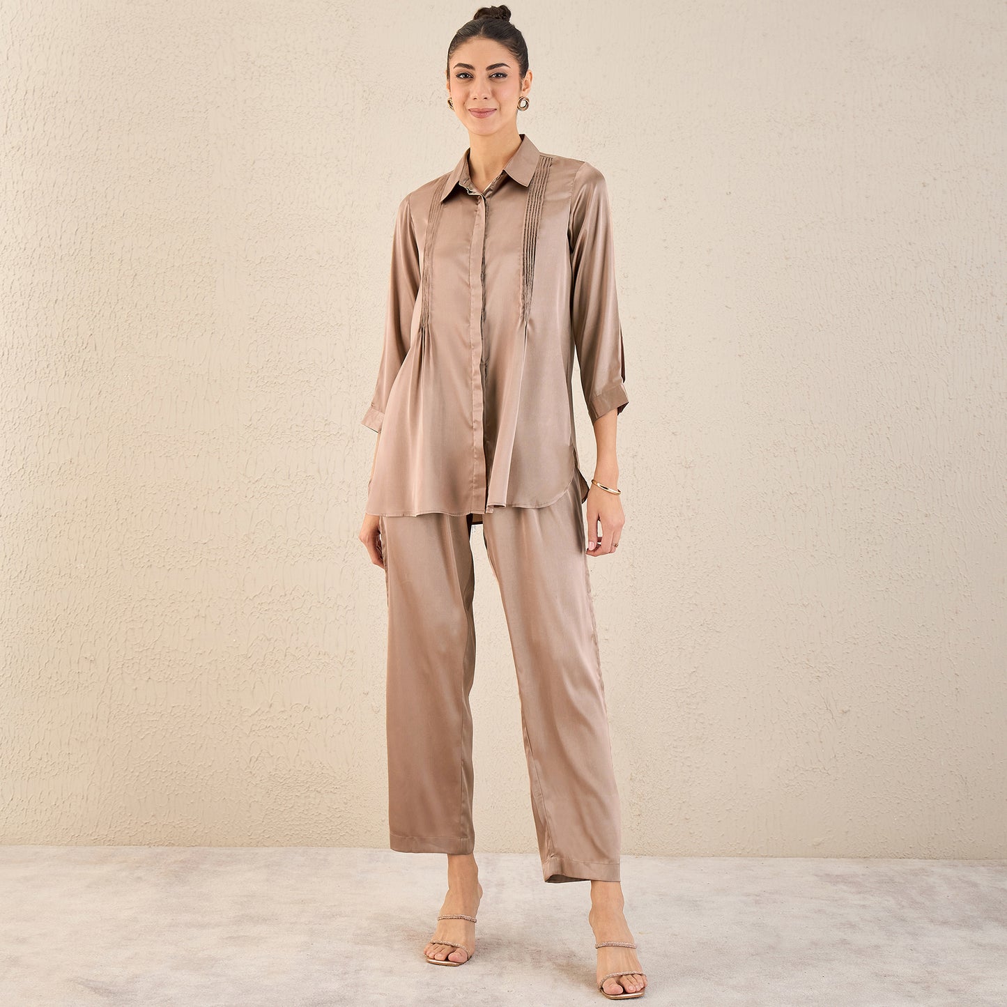 Hazel Brown Pintucked Satin Shirt and Straight Pants Set