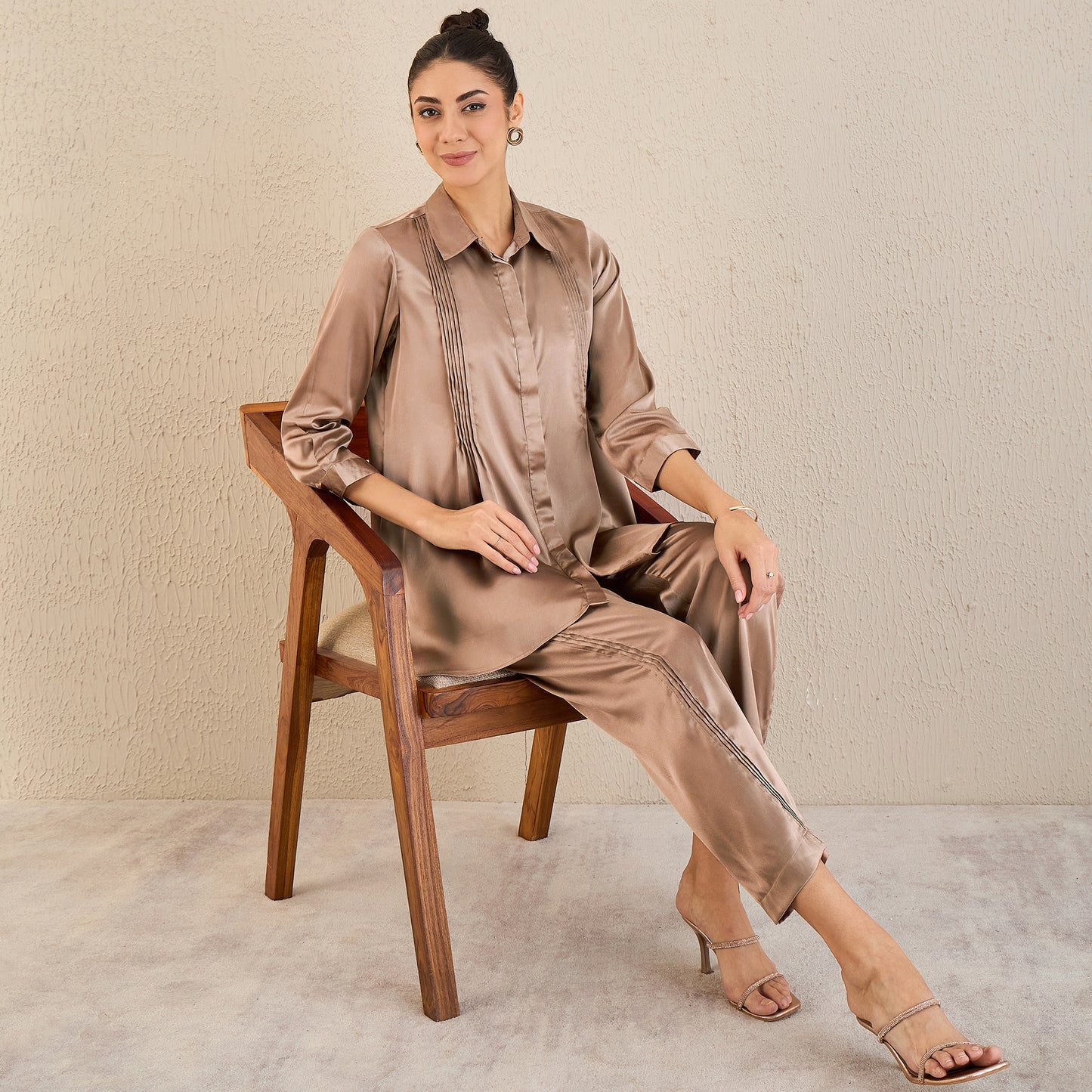 Hazel Brown Pintucked Satin Shirt and Straight Pants Set