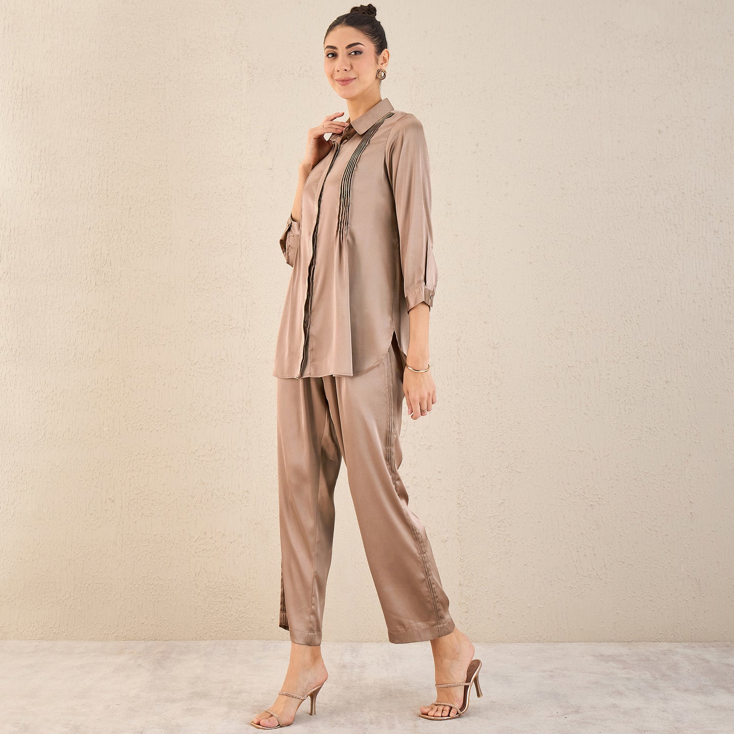 Hazel Brown Pintucked Satin Shirt and Straight Pants Set