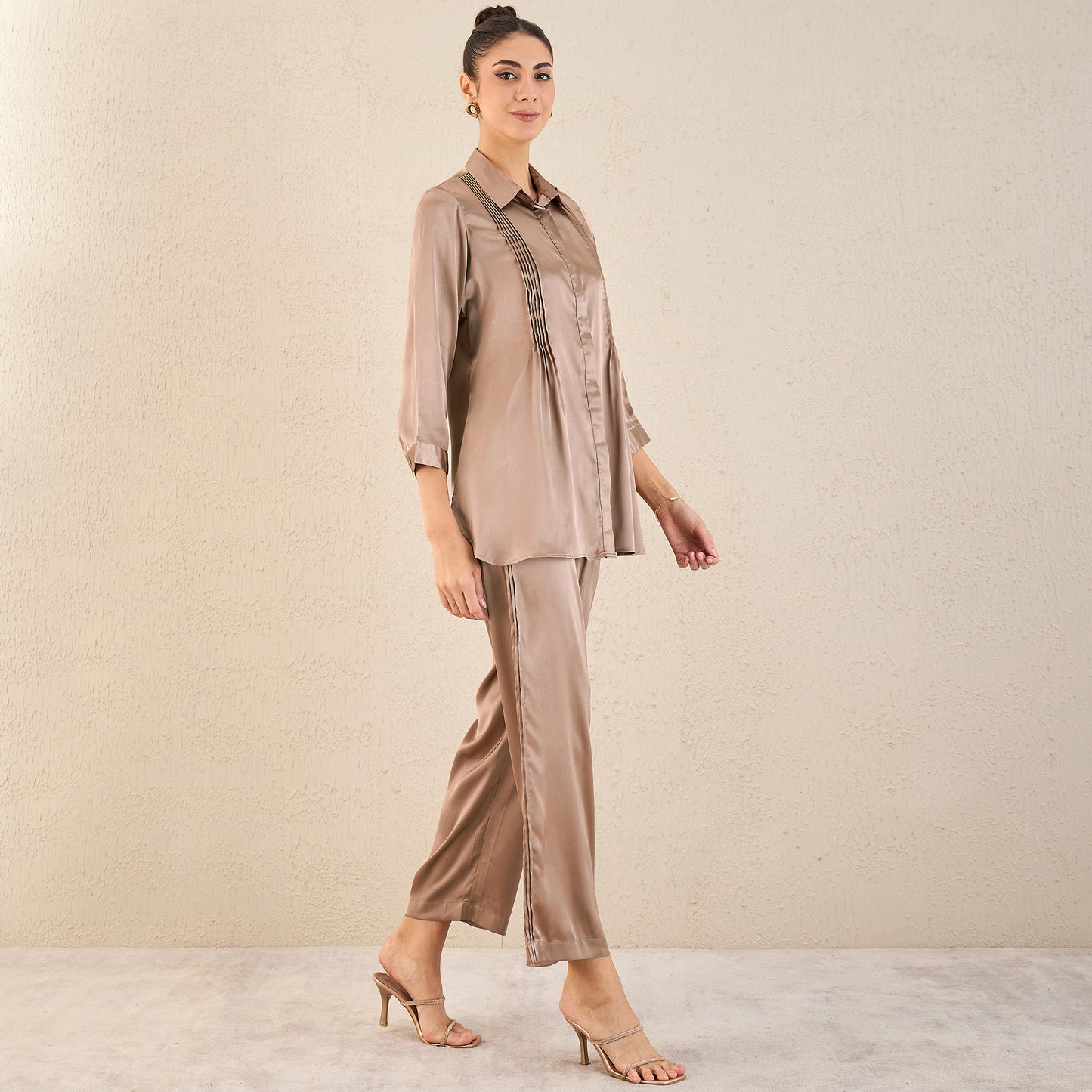 Hazel Brown Pintucked Satin Shirt and Straight Pants Set