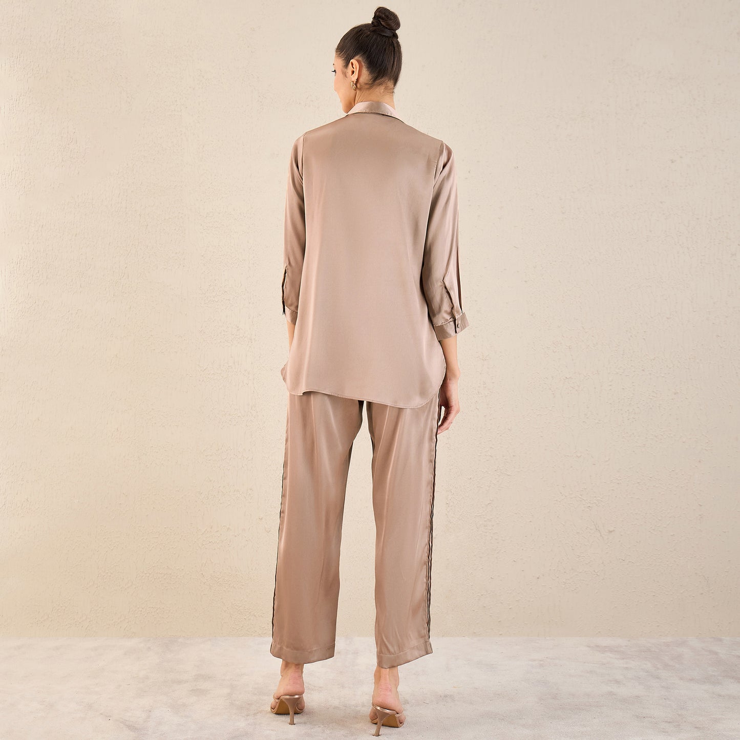 Hazel Brown Pintucked Satin Shirt and Straight Pants Set