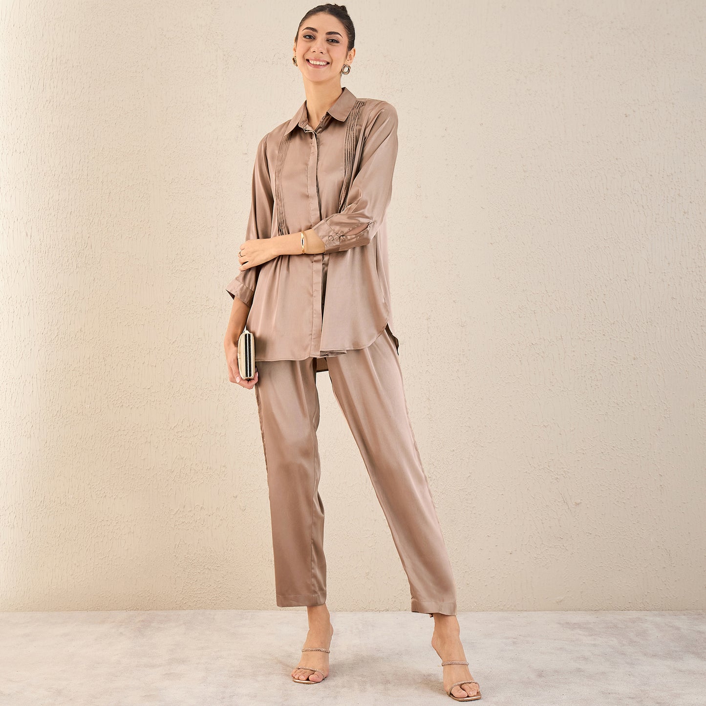 Hazel Brown Pintucked Satin Shirt and Straight Pants Set