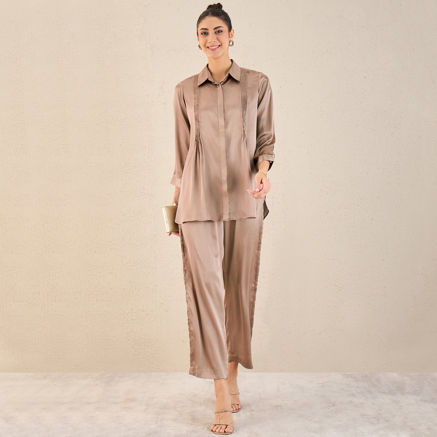 Hazel Brown Pintucked Satin Shirt and Straight Pants Set