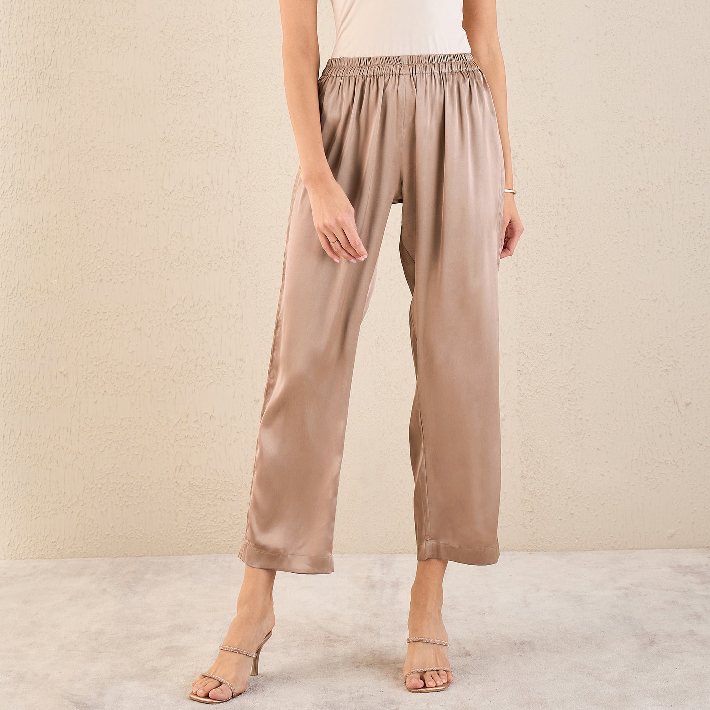 Hazel Brown Pintucked Satin Shirt and Straight Pants Set