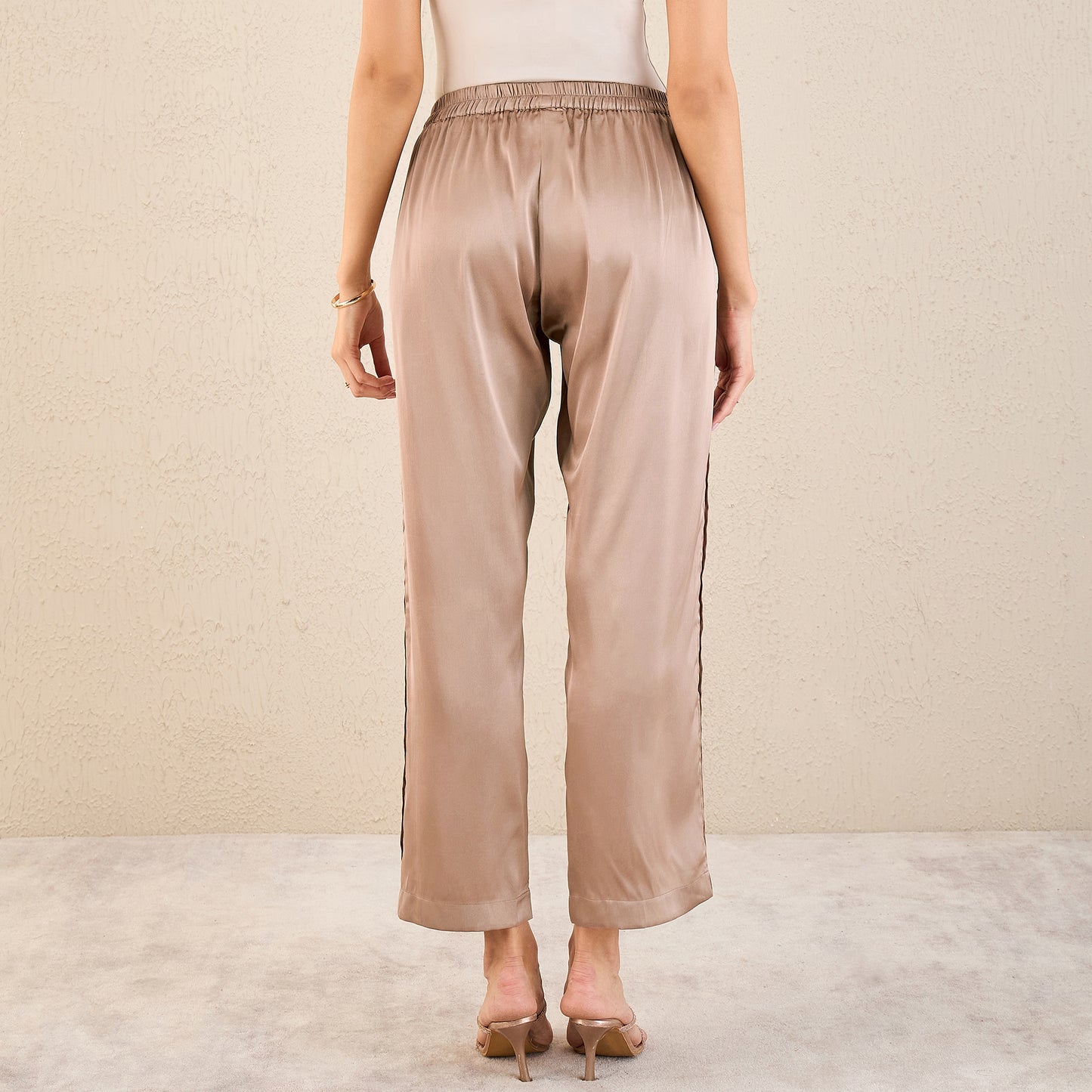 Hazel Brown Pintucked Satin Shirt and Straight Pants Set