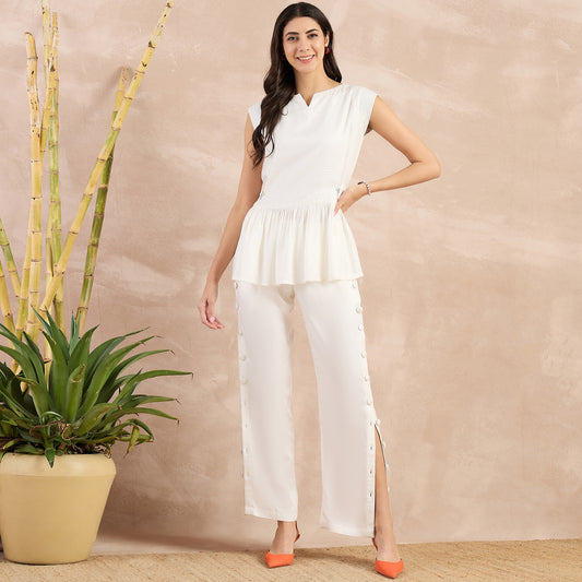 Off-White Herringbone Peplum Top and Button Down Straight Pants Set